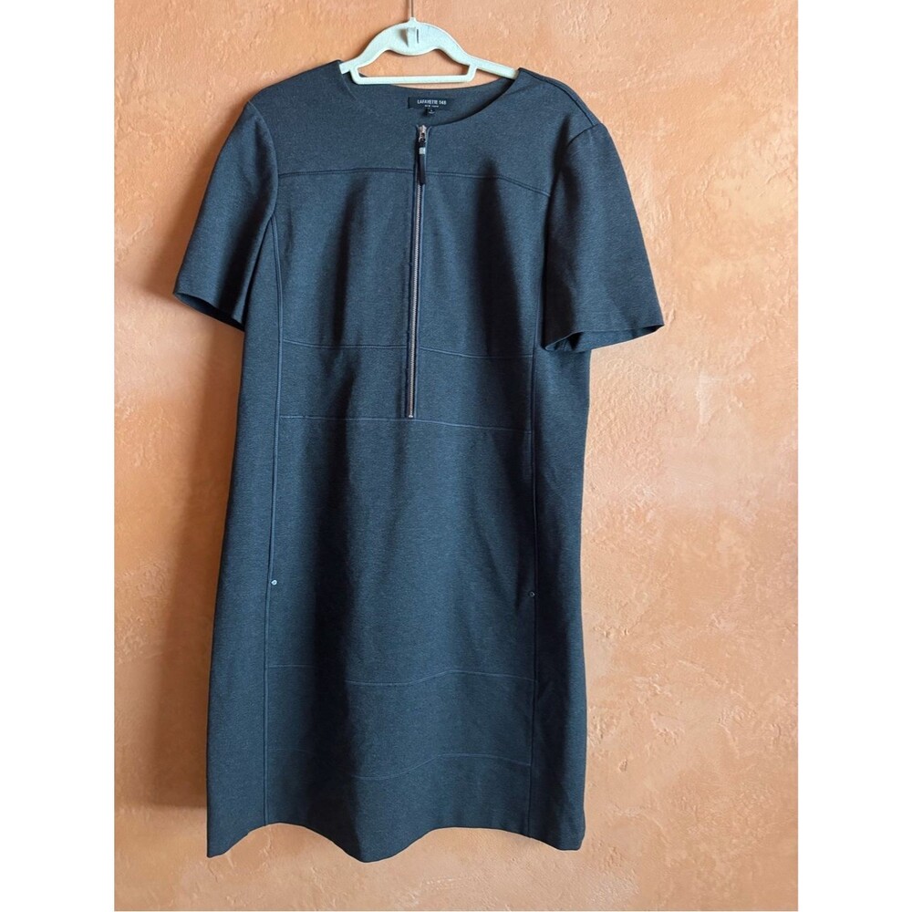 Lafayette 148 Demi Punto Milano Zip Front Sheath Dress L Charcoal Gray